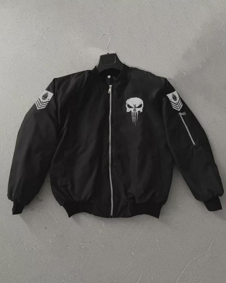 Unisex Uzun Kol Kuru Kafa Baskılı Bomber Ceket