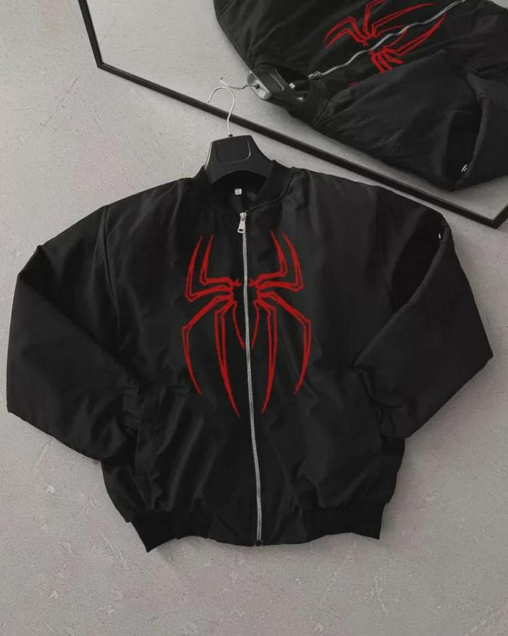 Unisex Uzun Kol Örümcek Baskılı Bomber Ceket