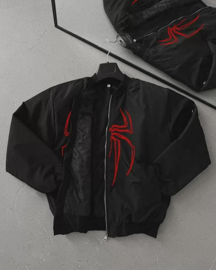 Unisex Uzun Kol Örümcek Baskılı Bomber Ceket