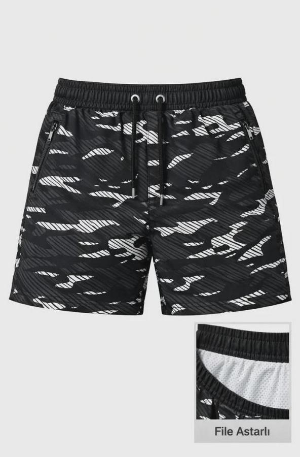 Deniz Şortu Fermuarlı Cepli File Astarlı Hızlı Kuruyan Premium