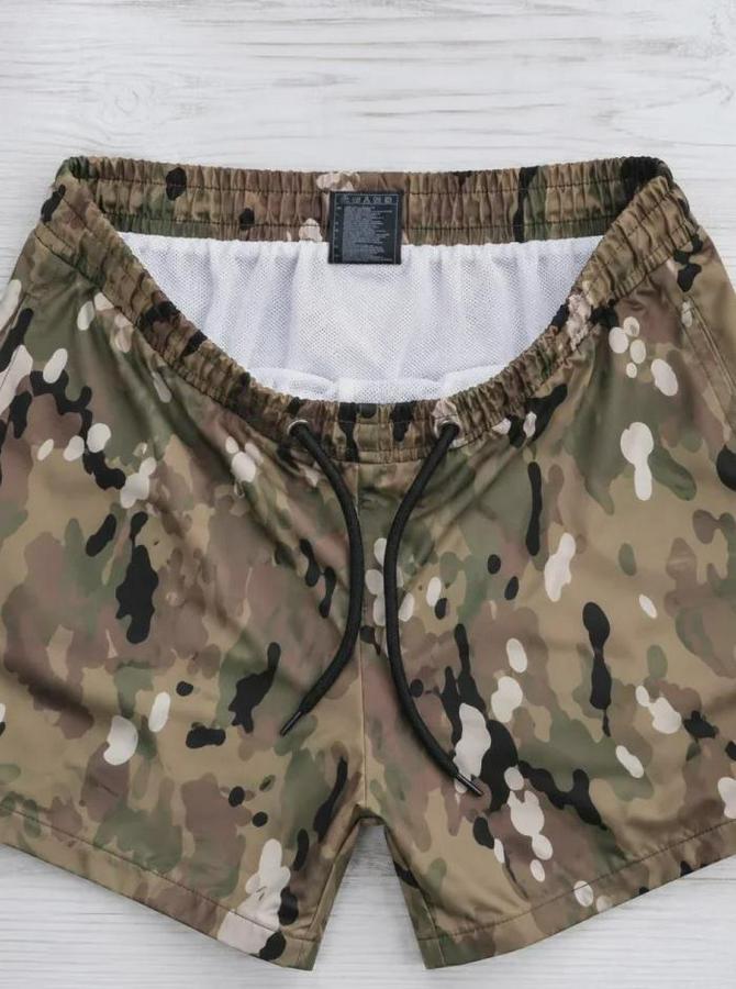 Kamuflaj Desenli Deniz Şortu Fermuarlı Cepli File Astarlı Hızlı Kuruyan