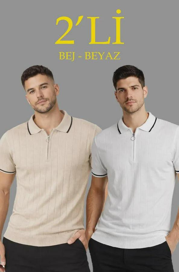 ’li Paket Dokuma Triko  Fermuarlı Yakalı Fitilli Kısa Kollu Regular Fit Tişört