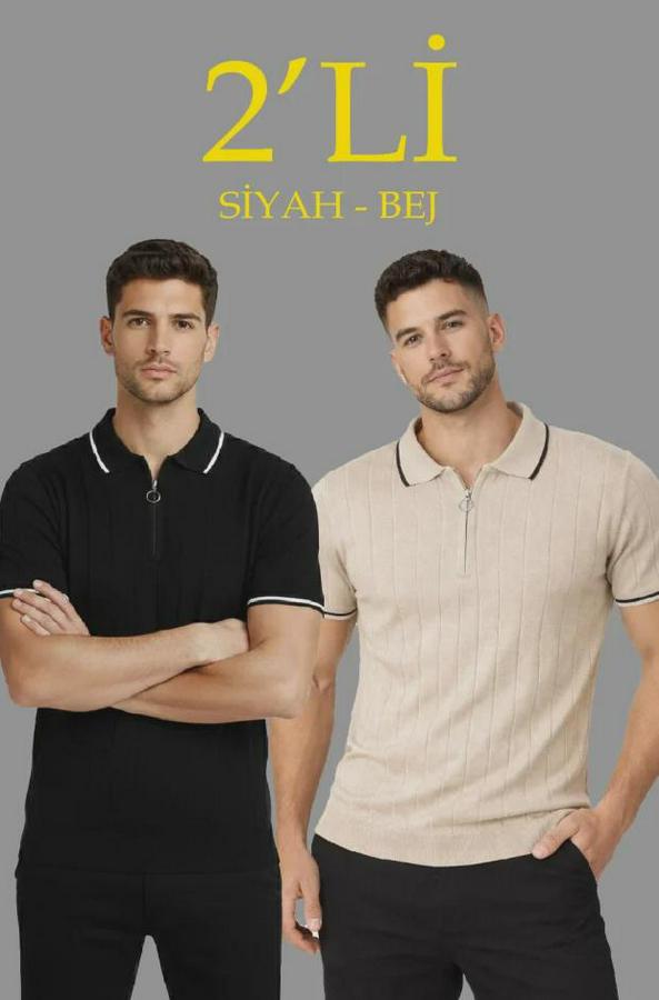 ’li Paket Dokuma Triko  Fermuarlı Yakalı Fitilli Kısa Kollu Regular Fit Tişört