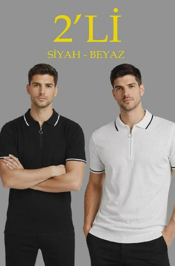’li Paket Dokuma Triko  Fermuarlı Yakalı Fitilli Kısa Kollu Regular Fit Tişört
