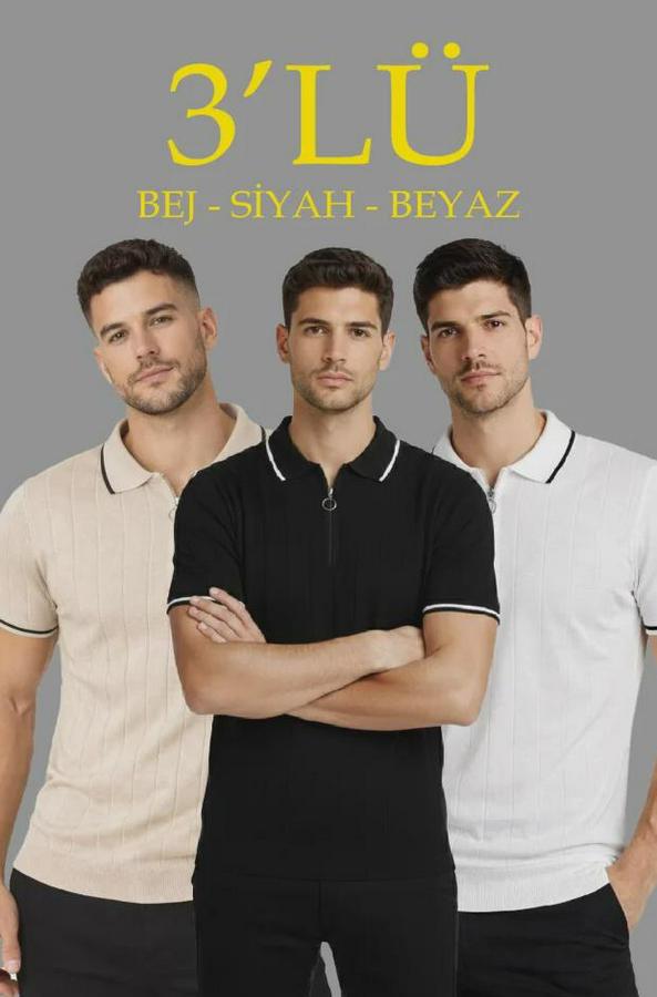 ’lü Paket Dokuma Triko  Fermuarlı Yakalı Fitilli Kısa Kollu Regular Fit Tişört