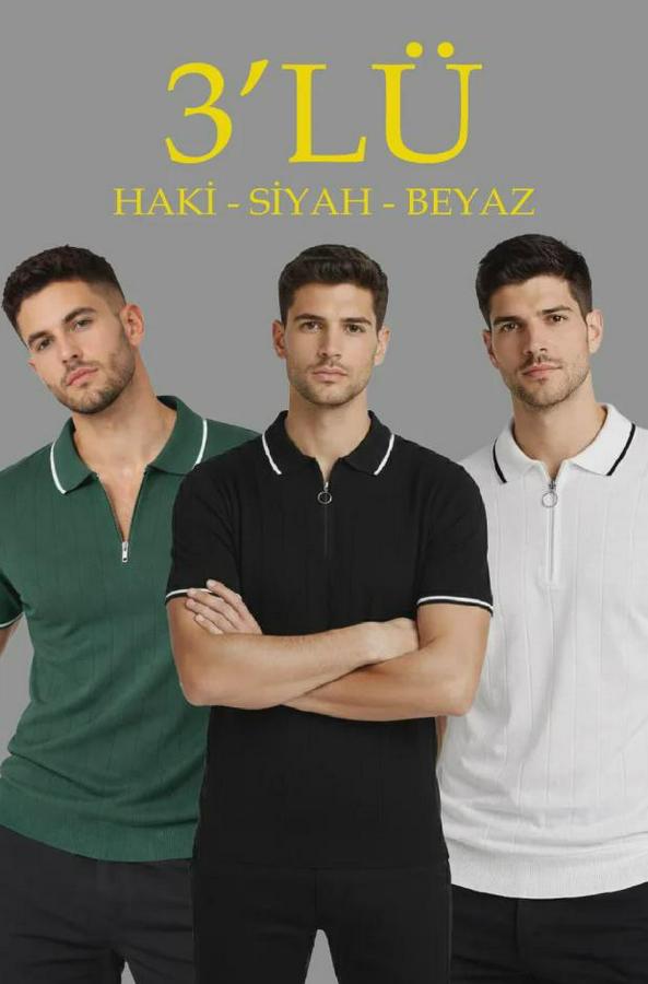 ’lü Paket Dokuma Triko  Fermuarlı Yakalı Fitilli Kısa Kollu Regular Fit Tişört