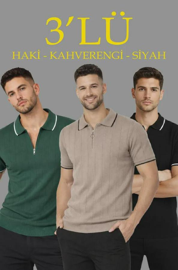 ’lü Paket Dokuma Triko  Fermuarlı Yakalı Fitilli Kısa Kollu Regular Fit Tişört