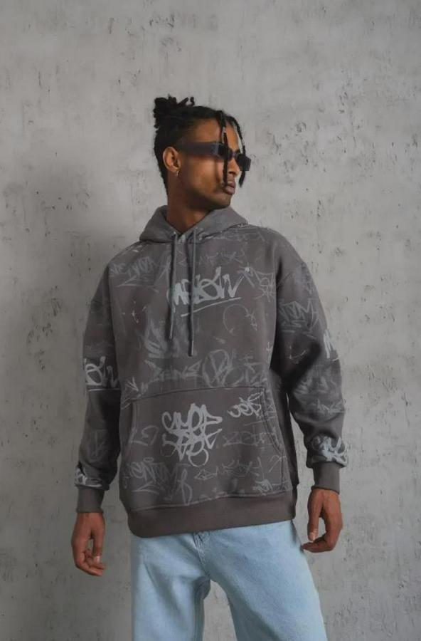 Baskılı Kapüşonlu Ribanalı Sweat