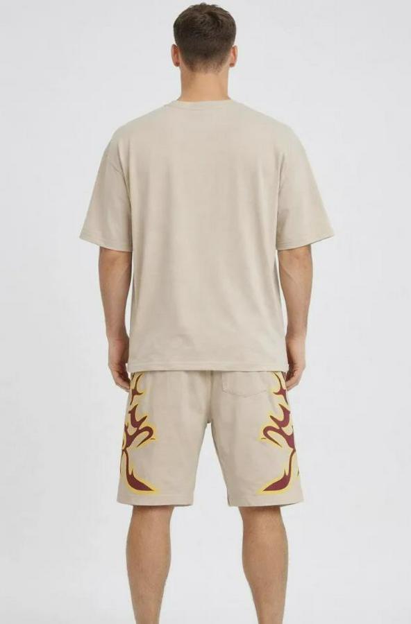 Bej Oversize Baskılı Tişört Şort Takım Cepli Şort Yazlık Rahat Günlük Kombin