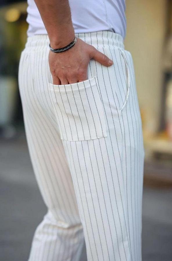 Cizgili Dokuma Krep Jogger Buggy Pantalon Rahat Kalıp