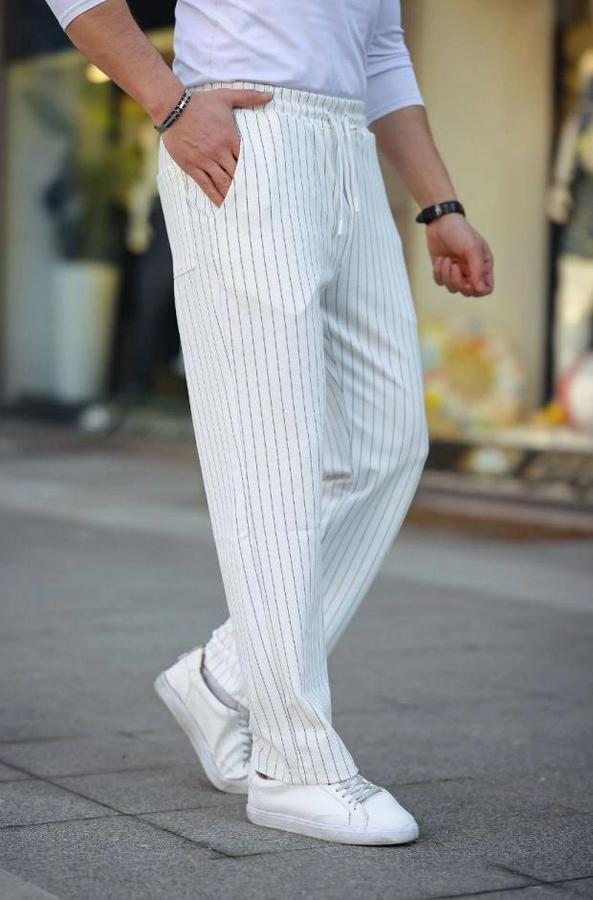 Cizgili Dokuma Krep Jogger Buggy Pantalon Rahat Kalıp