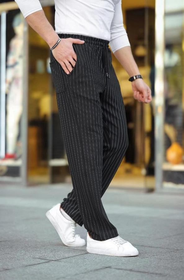 Cizgili Dokuma Krep Jogger Buggy Pantalon Rahat Kalıp