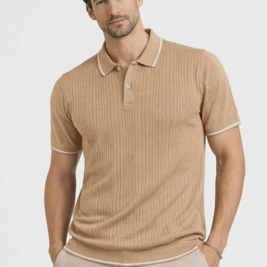 Düğmeli Yaka Triko Dokuma Tişört Desenli Yazlık Şık Günlük Triko Tişört