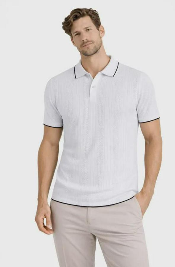 Düğmeli Yaka Triko Dokuma Tişört Desenli Yazlık Şık Günlük Triko Tişört