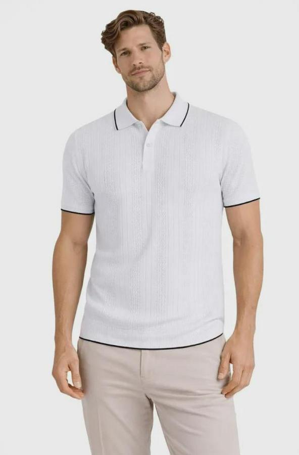 Düğmeli Yaka Triko Dokuma Tişört Desenli Yazlık Şık Günlük Triko Tişört