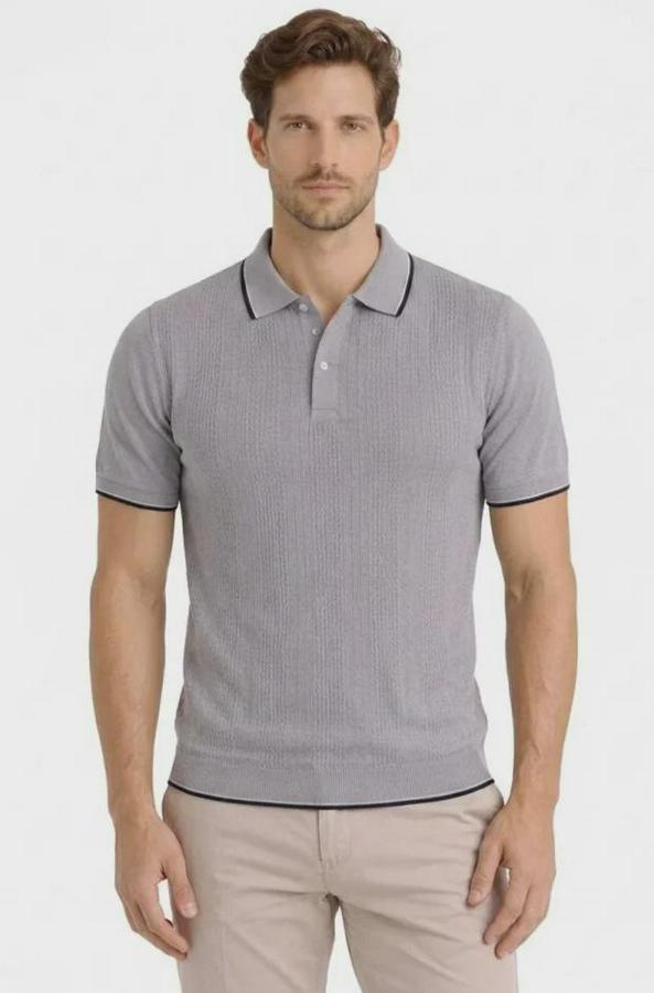 Düğmeli Yaka Triko Dokuma Tişört Desenli Yazlık Şık Günlük Triko Tişört