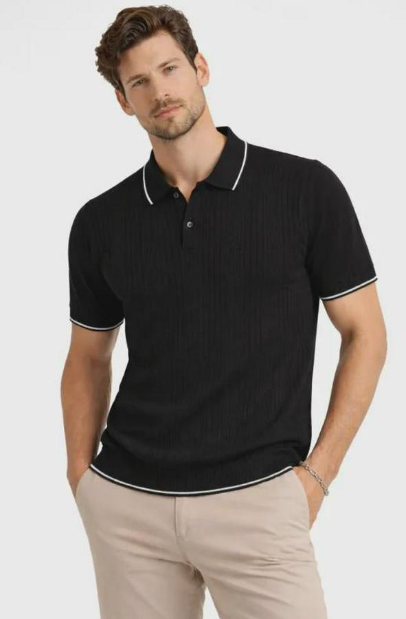 Düğmeli Yaka Triko Dokuma Tişört Desenli Yazlık  Şık Günlük Triko Tişört