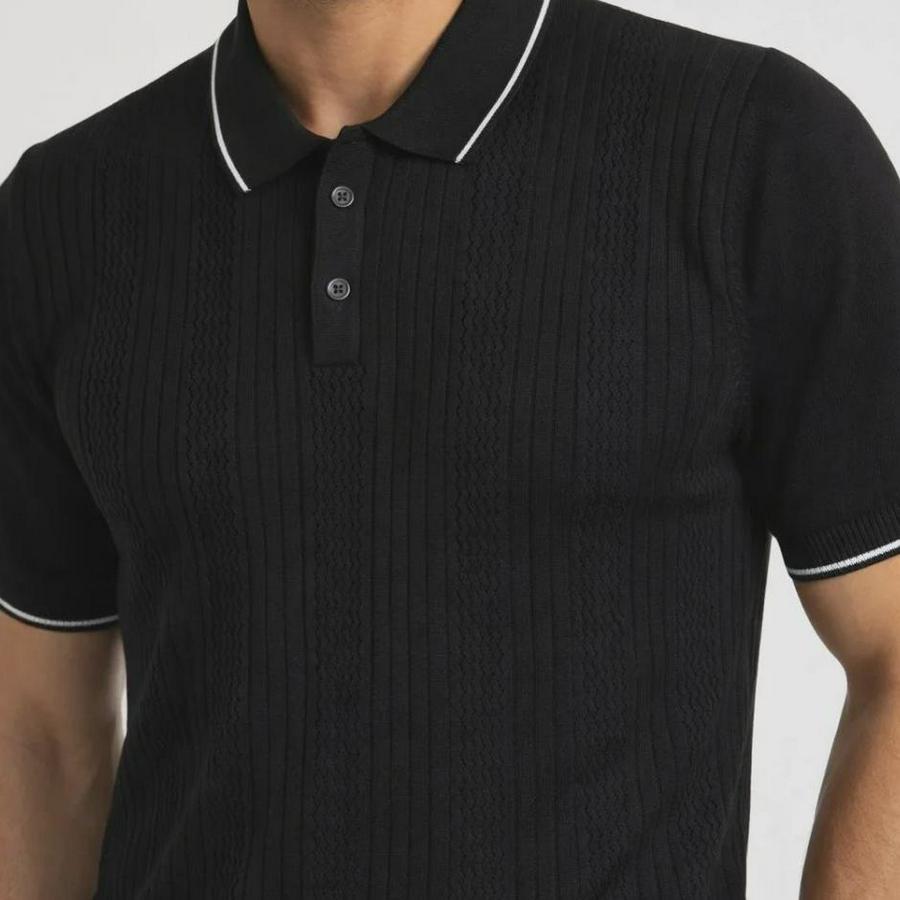 Düğmeli Yaka Triko Dokuma Tişört Desenli Yazlık  Şık Günlük Triko Tişört