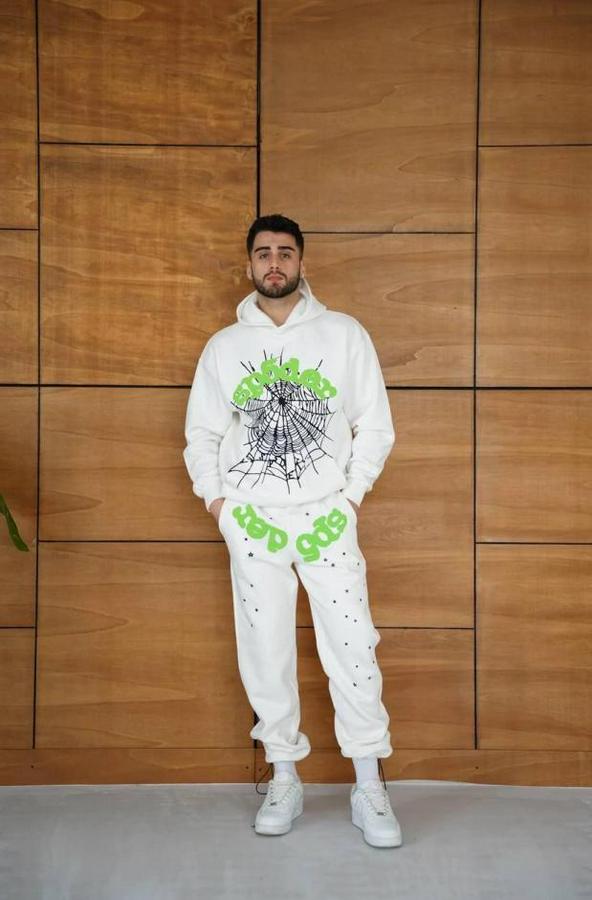 Kapüşonlu Eşofman Takım Örümcek Ağı Ve Neon Yeşil Baskılı Kanguru Cepli Oversize Rahat Kalıp, Premium Üç Iplik Kumaş