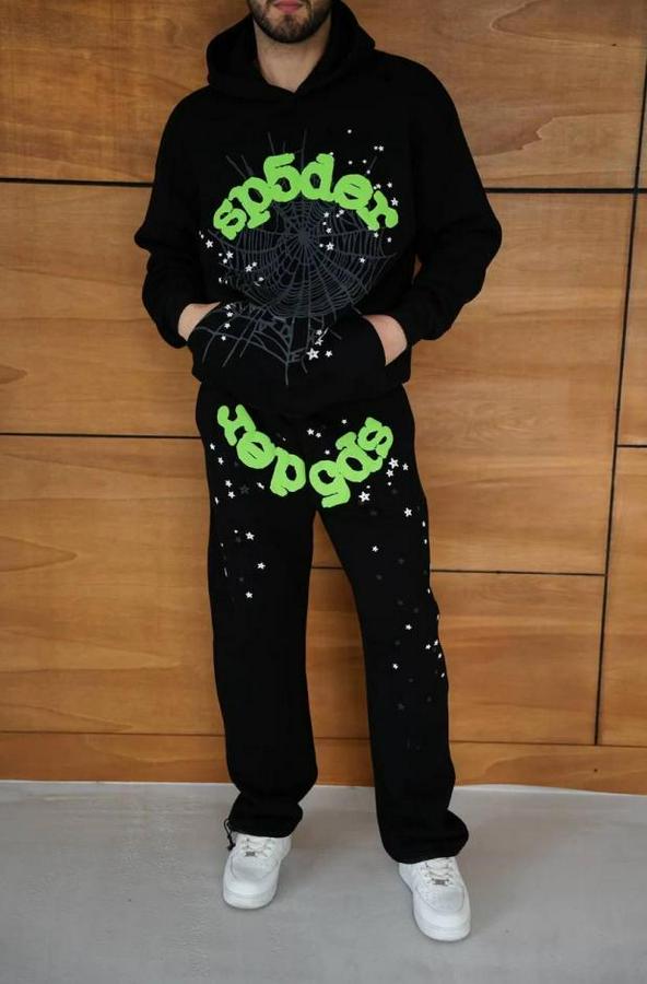 Kapüşonlu Eşofman Takım Örümcek Ağı Ve Neon Yeşil Baskılı Kanguru Cepli Oversize Rahat Kalıp, Premium Üç Iplik Kumaş