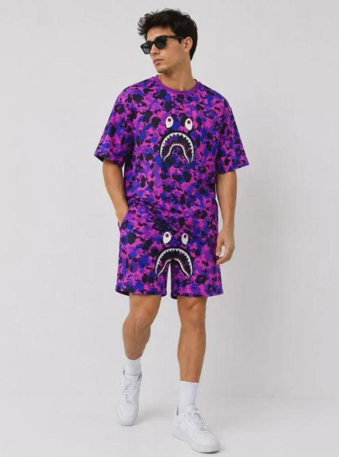 Oversize Kalıp Pubg Bape X Shark Nakışlı Cepli Şort Takım