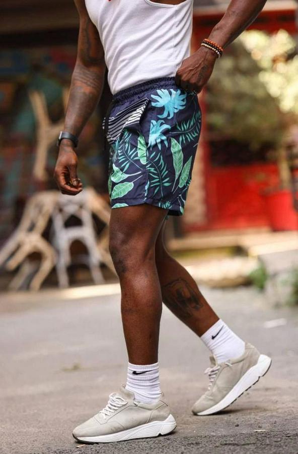 Palmiye Desenli Deniz Cepli Şort