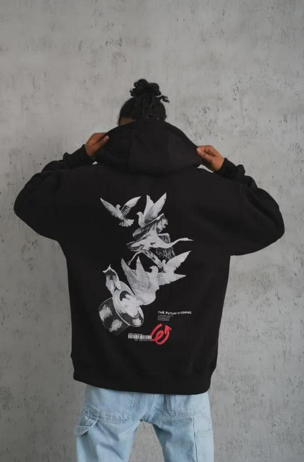 Şapkalı Güvercin Baskılı Kapşonlu Sweat