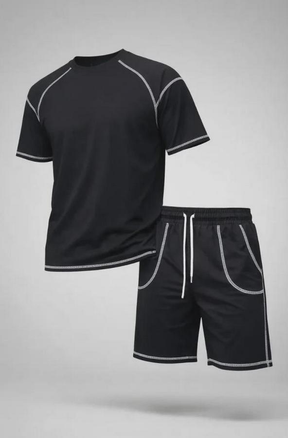 Spor Tişört Şort Takım Kontrast Dikiş Detaylı Ovarsize Rahat Kalıp