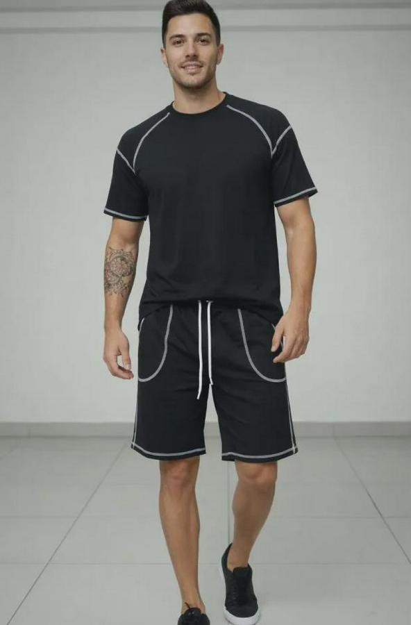 Spor Tişört Şort Takım Kontrast Dikiş Detaylı Ovarsize Rahat Kalıp