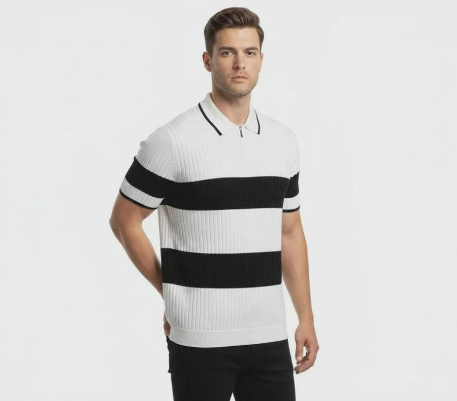 T-Shirt Çizgili Triko Dokuma Kumaş Polo Yaka Yarım Fermuarlı Regular Kalıp Tişört