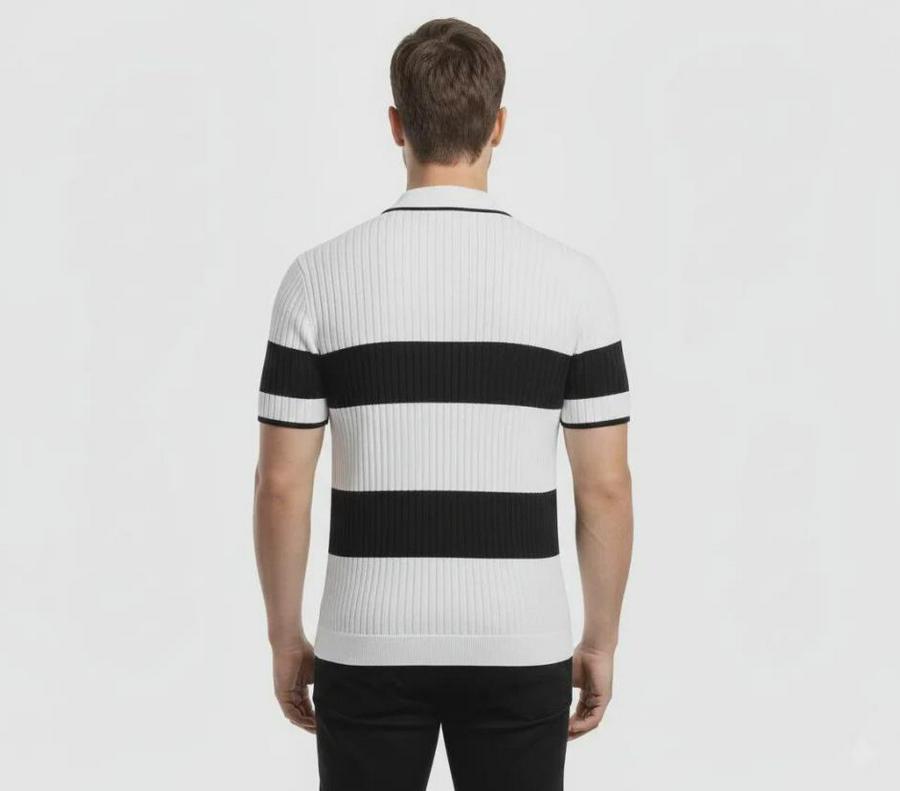 T-Shirt Çizgili Triko Dokuma Kumaş Polo Yaka Yarım Fermuarlı Regular Kalıp Tişört