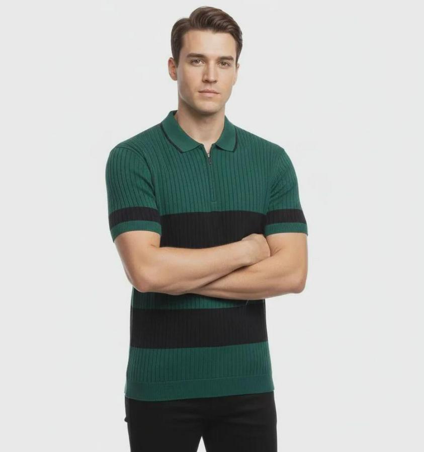 T-Shirt Çizgili Triko Dokuma Kumaş Polo Yaka Yarım Fermuarlı Regular Kalıp Tişört