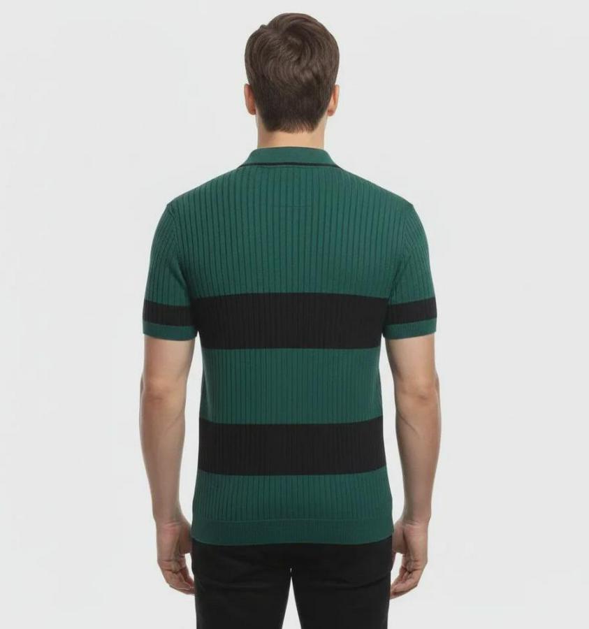 T-Shirt Çizgili Triko Dokuma Kumaş Polo Yaka Yarım Fermuarlı Regular Kalıp Tişört