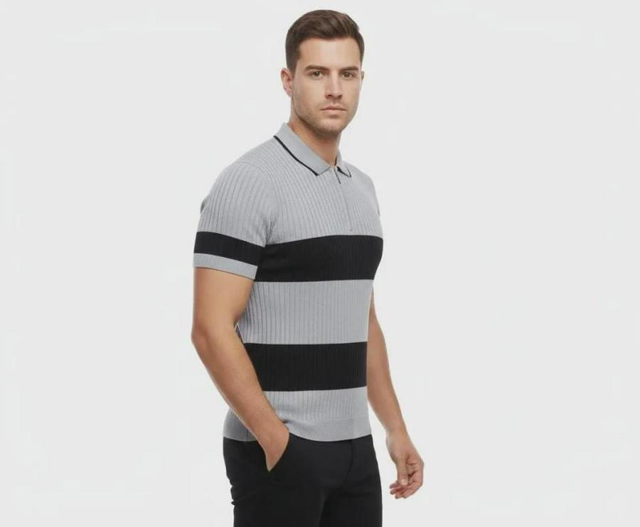 T-Shirt Çizgili Triko Dokuma Kumaş Polo Yaka Yarım Fermuarlı Regular Kalıp Tişört