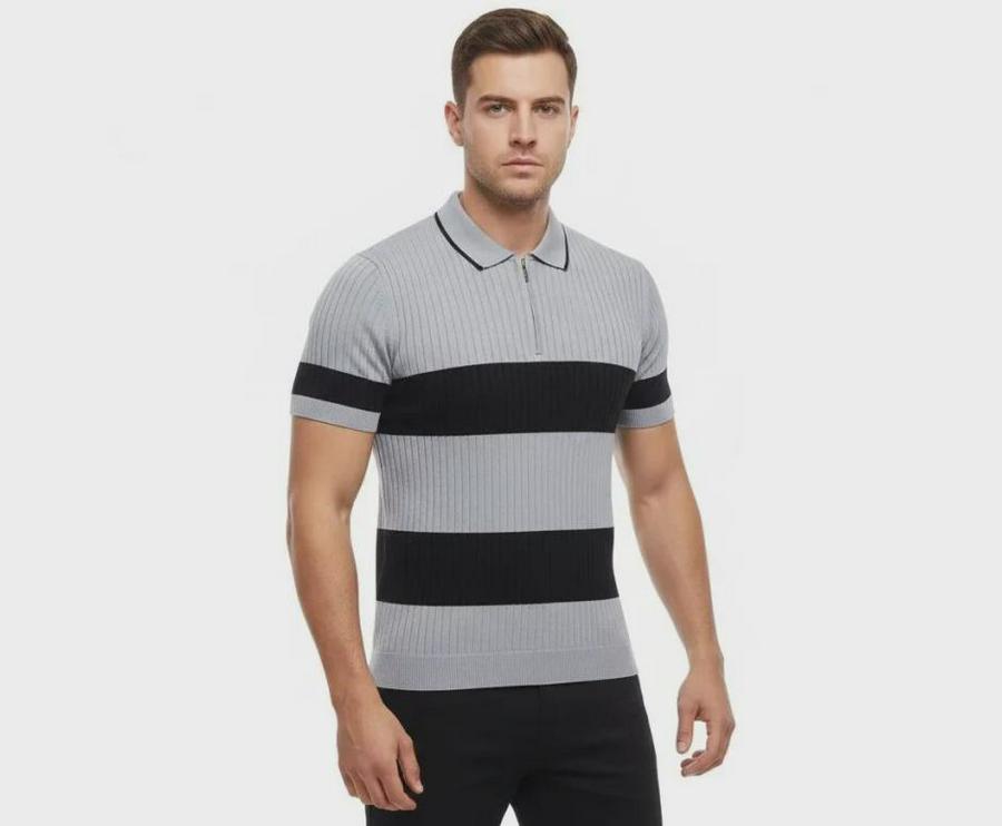 T-Shirt Çizgili Triko Dokuma Kumaş Polo Yaka Yarım Fermuarlı Regular Kalıp Tişört