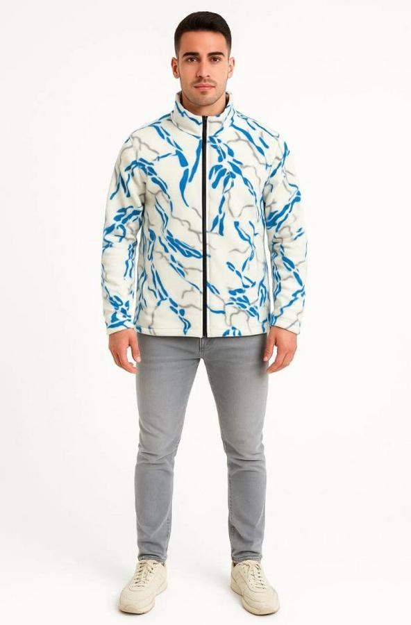 Tam Fermuarlı Desenli Polar Sweat  Lightning Desen Yakalı, Uzun Kollu, Oversize Rahat Kalıp