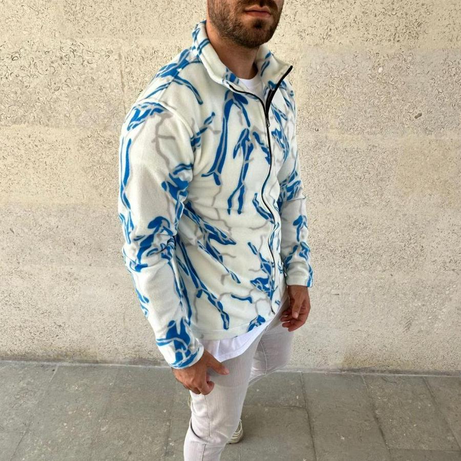 Tam Fermuarlı Desenli Polar Sweat  Lightning Desen Yakalı, Uzun Kollu, Oversize Rahat Kalıp