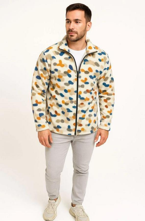 Tam Fermuarlı Desenli Polar Sweat – Siyah Multicolor Figür Desen Yakalı, Uzun Kollu, Oversize Rahat Kalıp- Beyaz