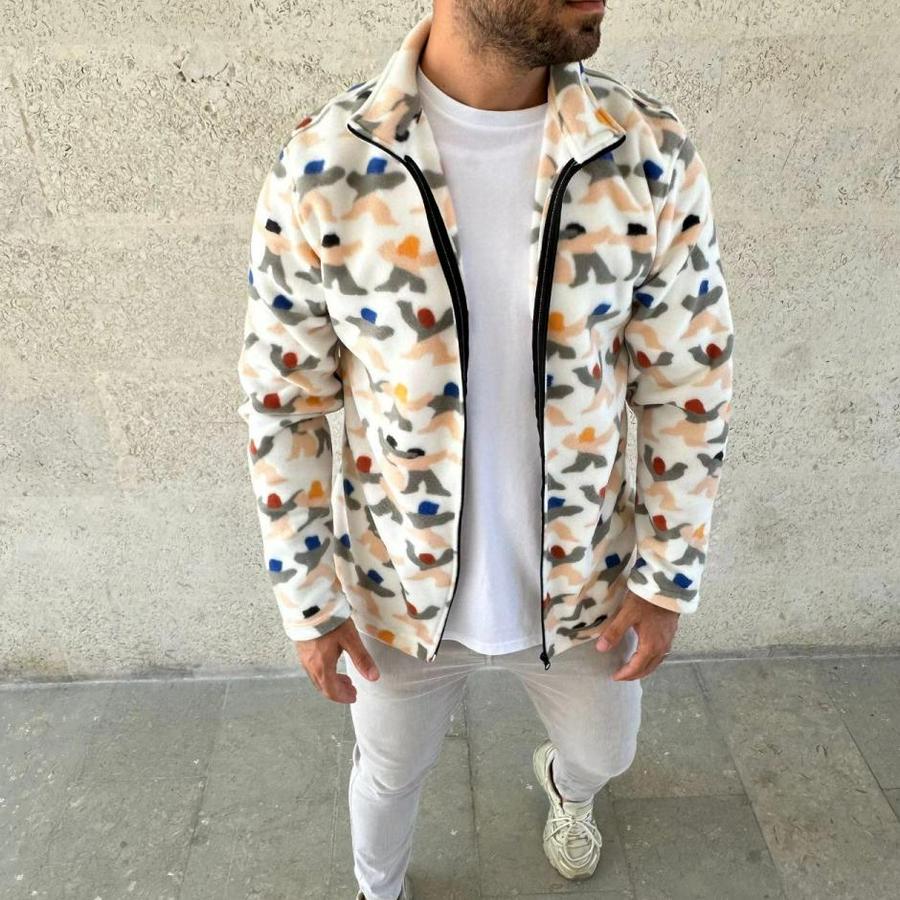Tam Fermuarlı Desenli Polar Sweat – Siyah Multicolor Figür Desen Yakalı, Uzun Kollu, Oversize Rahat Kalıp- Beyaz