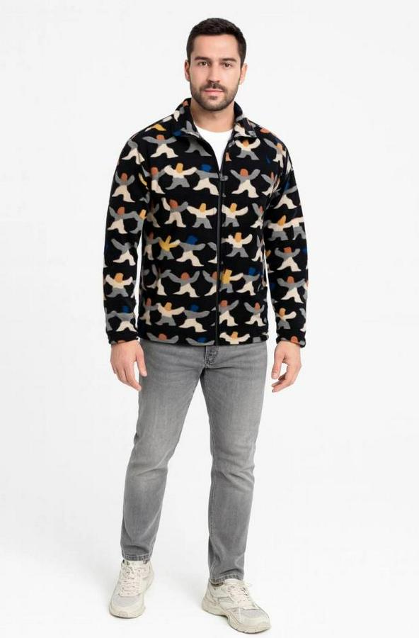 Tam Fermuarlı Desenli Polar Sweat – Siyah Multicolor Figür Desen Yakalı, Uzun Kollu, Oversize Rahat Kalıp- Siyah