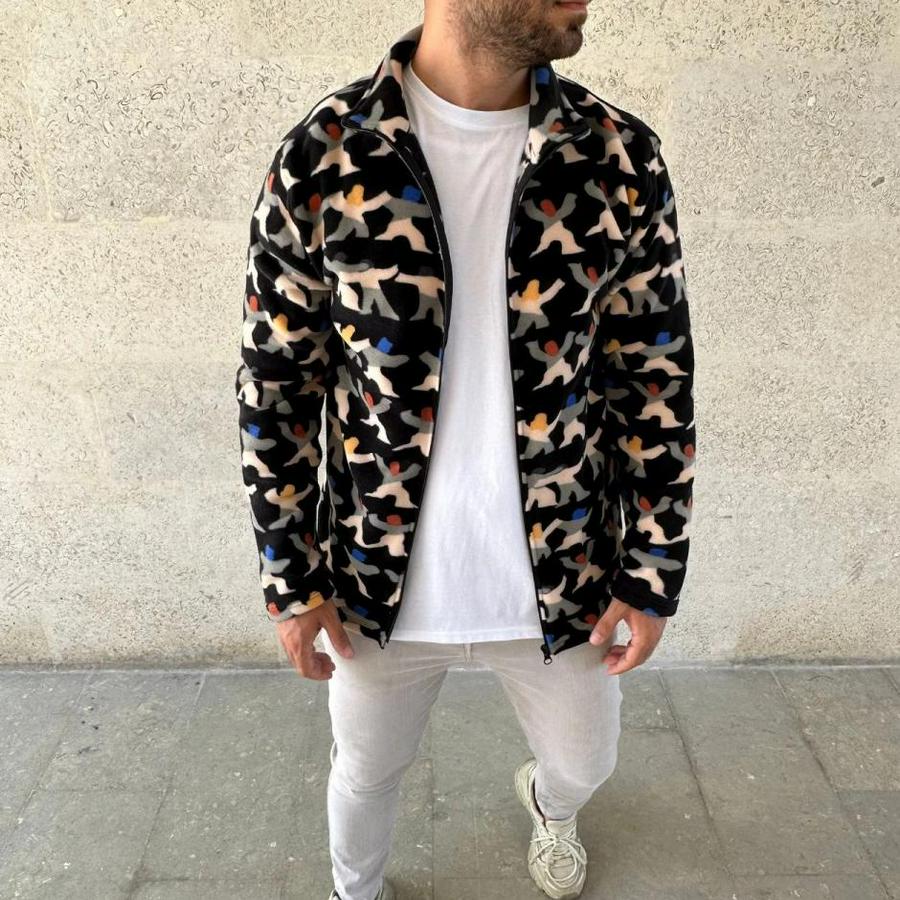 Tam Fermuarlı Desenli Polar Sweat – Siyah Multicolor Figür Desen Yakalı, Uzun Kollu, Oversize Rahat Kalıp- Siyah