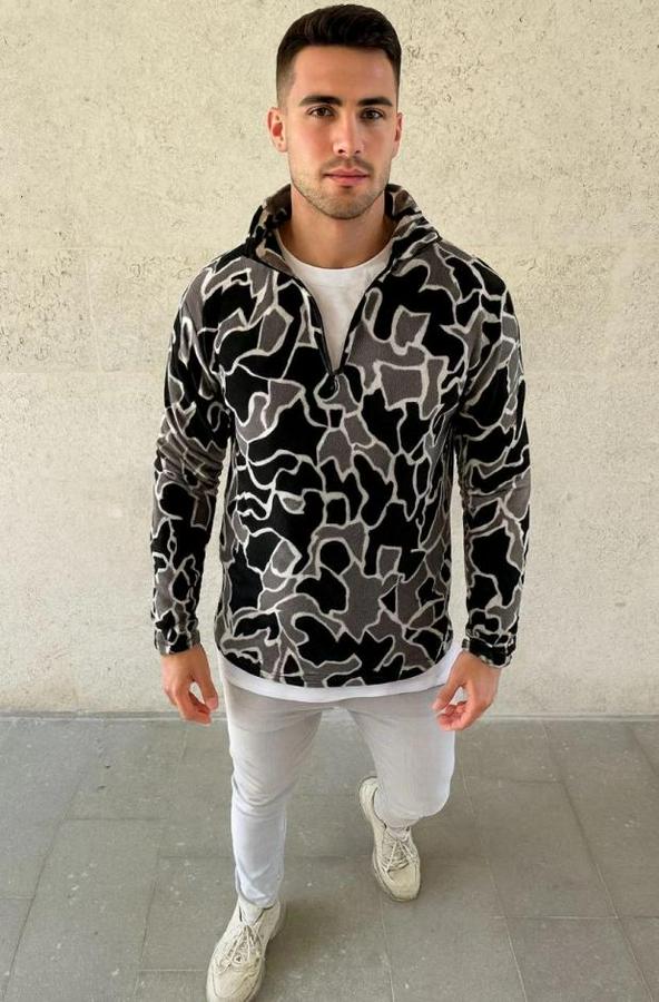 Yarım Fermuarlı Desenli Polar Sweat Yakalı, Uzun Kollu, Oversize Rahat Kalıp