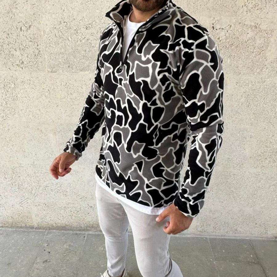 Yarım Fermuarlı Desenli Polar Sweat Yakalı, Uzun Kollu, Oversize Rahat Kalıp