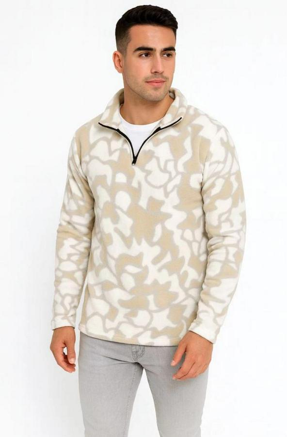 Yarım Fermuarlı Desenli Polar Sweat Yakalı, Uzun Kollu, Oversize Rahat Kalıp