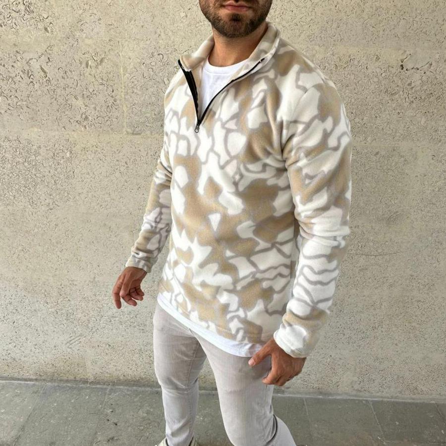 Yarım Fermuarlı Desenli Polar Sweat Yakalı, Uzun Kollu, Oversize Rahat Kalıp