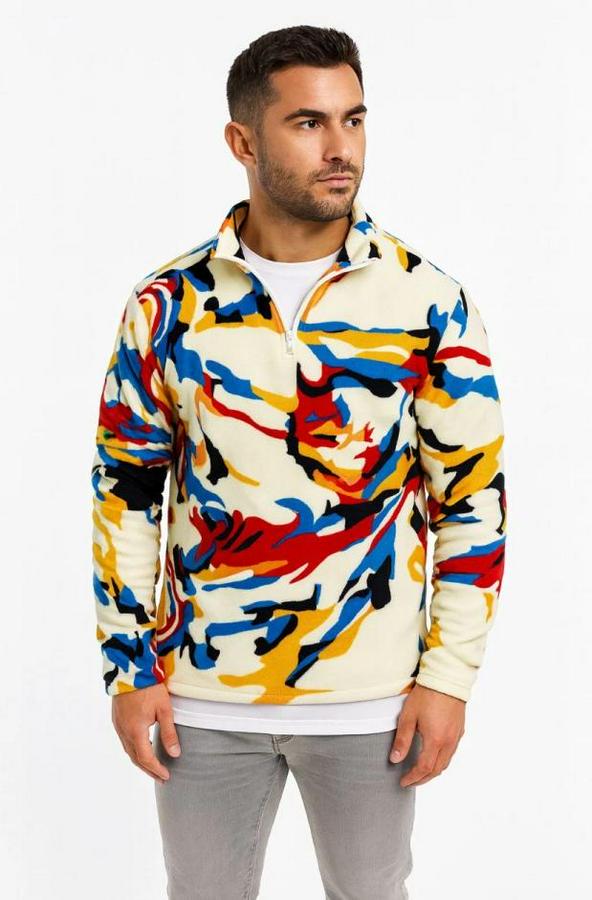 Yarım Fermuarlı Desenli Polar Sweat – Renkli Abstract Desen Yakalı, Uzun Kollu, Oversize Rahat Kalıp, 