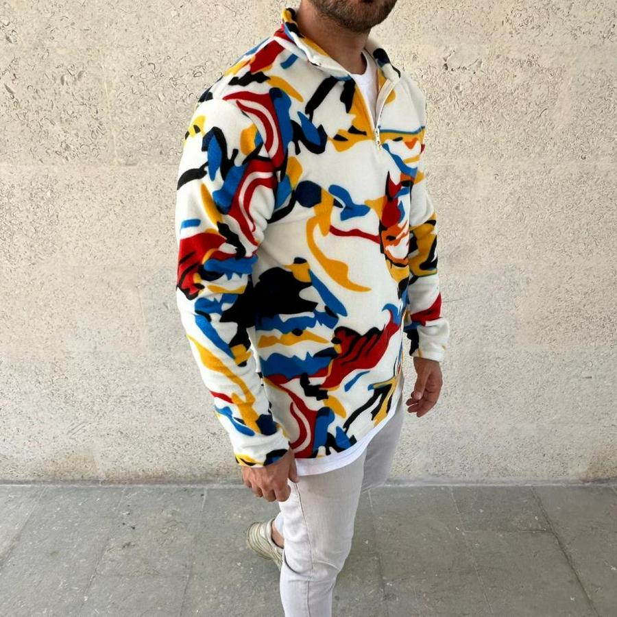 Yarım Fermuarlı Desenli Polar Sweat – Renkli Abstract Desen Yakalı, Uzun Kollu, Oversize Rahat Kalıp, 