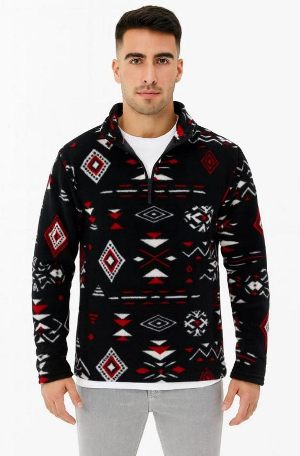 Yarım Fermuarlı Desenli Polar Sweat Tribal Etnik Desen Yakalı, Uzun Kollu, Oversize Rahat Kalıp,