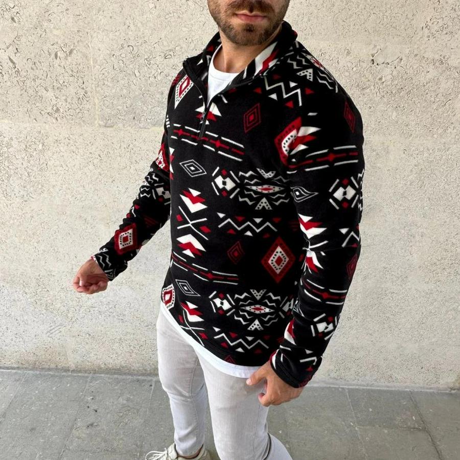 Yarım Fermuarlı Desenli Polar Sweat Tribal Etnik Desen Yakalı, Uzun Kollu, Oversize Rahat Kalıp,