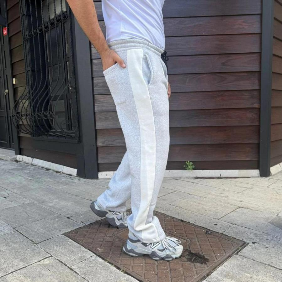 Üç Iplik Kışlık Pamuklu Yandan Garneli Kalın Bej Şeritli Cepli Eşofman Altı